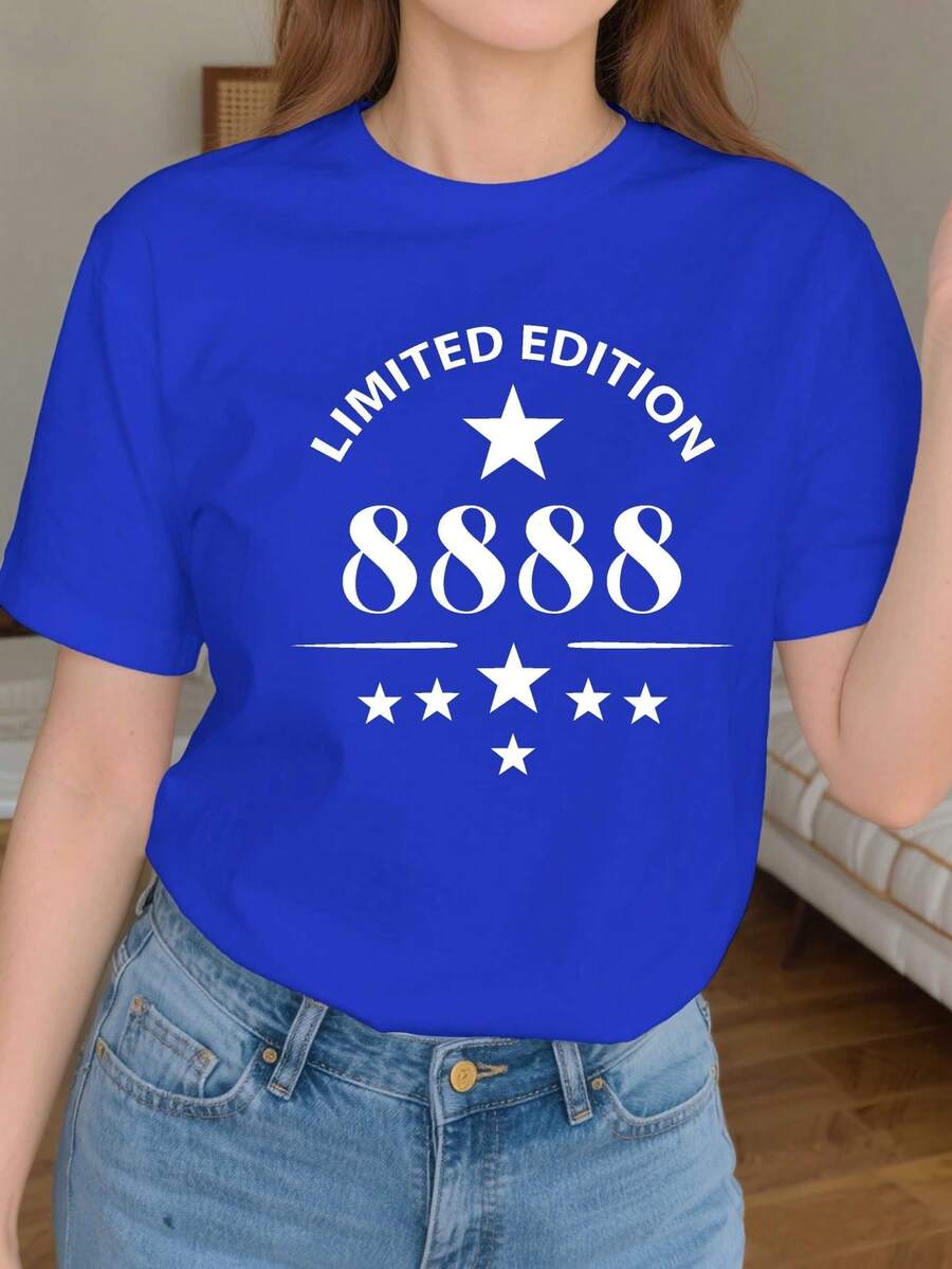 Women's T-Shirt Humorous Years Limited Edition 8888 - Limited Edition Number 8888, Casual Top Made Of Pure Cotton With A Slim Fit, Featuring The Number 888 Symbol, Machine Washable, Suitable For Chinese New Year, Birthdays And Special Occasions. - 藍色 - 查看 1