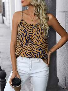 Camiseta de tirantes con pliegues con estampado de cebra para mujer - Amarillo - Ver 6