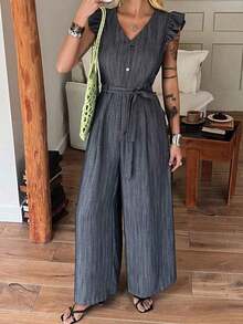 Mono de mujer con cuello en V sin mangas, con volantes, cintura ceñida, pierna recta holgada, estilo casual de ciudad y vacaciones - Gris - Ver 8