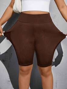 Pantalones cortos de motocicleta negros básicos, versátiles y cómodos con bolsillos para mujer de talla grande, de moda casual y deportiva para primavera y verano, ropa de calle, shorts curvilíneos, ropa para salir, ropa Y2K, joggers, shorts ci - Marrón - Ver 3