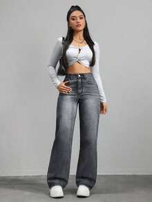 Jeans de mezclilla de pierna ancha recta de diseño simple con cintura alta para mujeres a la moda - Lavado ligero - Ver 5