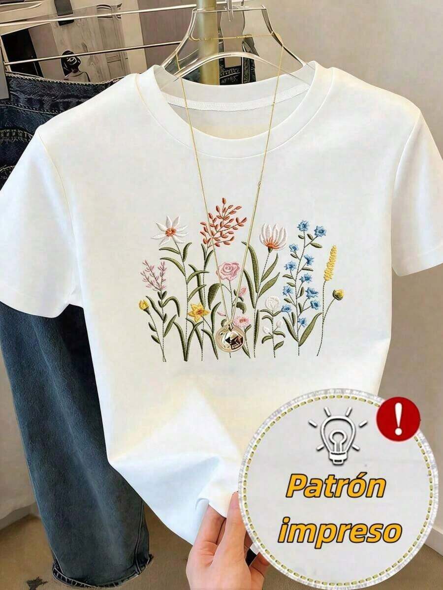 Women's Cotton T-Shirt With Wildflower Embroidery, Casual Floral Print Top For Summer, Short Sleeve Round Neck T-Shirt For Everyday Wear, Elegant Blouses For Ladies. - 白色 - 查看 1