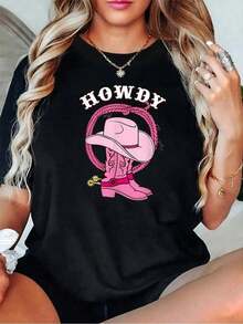 Women's Cotton T-Shirt With Pink Cowboy Hat And Boots Print, Country, Western, And Rodeo Style. Crew Neck Summer T-Shirt. Soft Short-Sleeve T-Shirt For Women. Stylish And Comfortable Graphic Tee. Women's Blouses - 黑色 - 查看 8