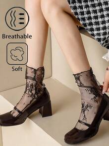 1 Pair Women's Black Lace Floral Mesh Ankle Socks | Ruffle Trim Stacked Design | Gothic Lolita Vintage Romantic Style | Perfect For Mary Jane Shoes & Lolita Outfits - Multicolor - View 2