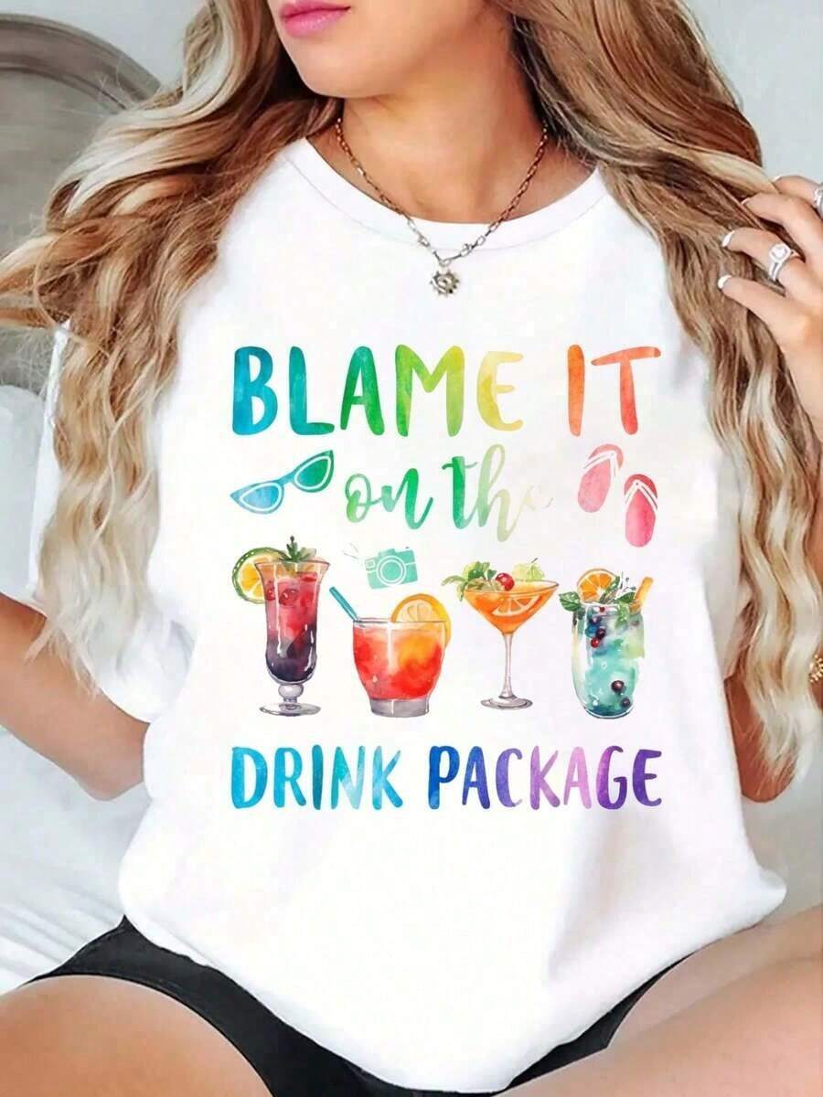 FashionNEWBlame It On The Drink Package Camiseta Divertida con Estampado de Viaje en Crucero para Verano, Camiseta de Manga Corta Suave para Mujer, Camiseta Elegante y Có - Blanco - Ver 1