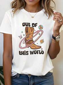 1 Piece Women's T-Shirt With Graphic Print "OUT OF THIS WORLD", Short Sleeve, Round Neck, Casual Style For Spring And Summer, Women's Clothing, 180g 100% Cotton - 白色 - 查看 8