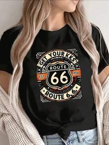 Camiseta de mujer de algodón puro, estilo casual holgado, camiseta vintage  para viajes por carretera - Camiseta de manga corta negra con estampado del logo vintage , fibra de poliéster ligera y duradera, ropa casual adecuada para viajes por carretera, camisa de estilo americano para uso diario. - Negro - Ver 1