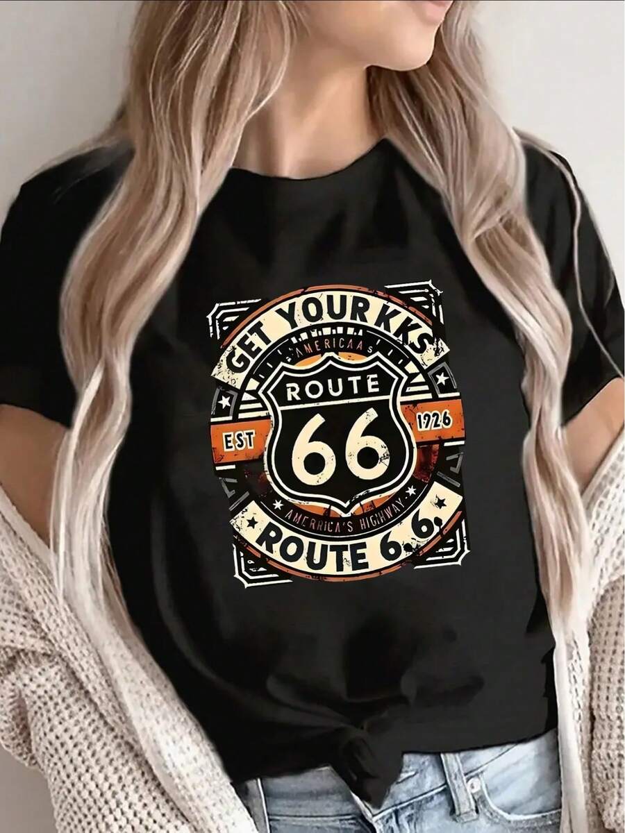 Camiseta de mujer de algodón puro, estilo casual holgado, camiseta vintage  para viajes por carretera - Camiseta de manga corta negra con estampado del logo vintage , fibra de poliéster ligera y duradera, ropa casual adecuada para viajes por carretera, camisa de estilo americano para uso diario. - Negro - Ver 1