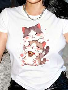 New Arrivals For Summer. Women's Short-Sleeved T-Shirt With Cartoon Cat Print - 3 Pink Hearts Design, Soft, Black Round Neck, Machine Washable, Casual Wear For All Seasons, Blouse, Shirt > Beautiful. - 白色 - 查看 10