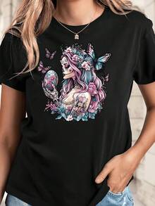 Women's Day Of The Dead T-Shirt, Black Skull And Floral Butterfly Design, Round Neck, Short Sleeve, Medium Elasticity, Casual, Suitable For All Seasons, Machine Washable, Loose Fit, Comfortable And Stylish, Breathable, Short Sleeve T-Shirt For Women - 黑色 - 查看 7
