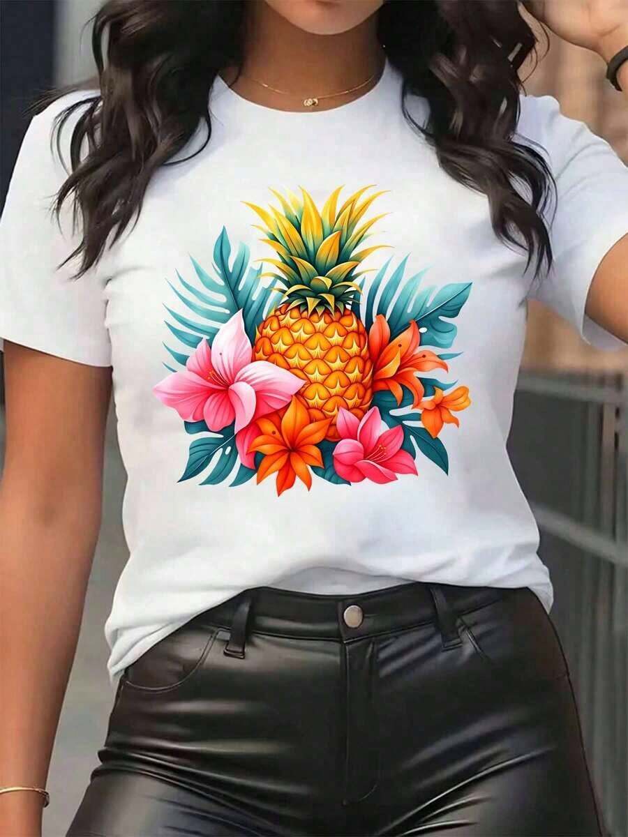 New Arrivals For Summer. Women's T-Shirt With Pineapple And Tropical Flower Print, Round Neck, Casual Style For Everyday Wear, Soft And Comfortable, Vacation Style. Blouse, Shirt > Beautiful. - 白色 - 查看 1