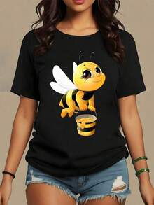 Smiling Bee With White Wings Holding A Bucket Of Honey, Representing Sweetness, Hard Work, And Harmony With Nature. Women's Casual, Comfortable, Modern T-Shirt For Everyday Wear - Vintage Street Style Unisex Loose Cotton Short Sleeve Crew Neck Shirt - 黑色 - 查看 7