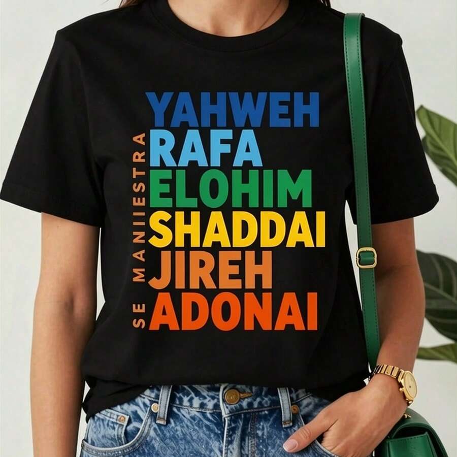 Women's Faith-Inspired Graphic T-Shirt Featuring The Manifestation Of Yahweh Rafa Elohim Shaddai Jireh Adonai, A Spiritual Statement Tee, Is The Best Gift Choice For Friends And Family During Major Holidays Like Christmas. - 黑色 - 查看 1