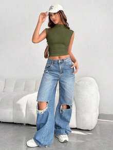 Blusa Sin Mangas Ajustada Con Cuello Alto Y Plisados, Ropa De Verano - Verde militar - Ver 4