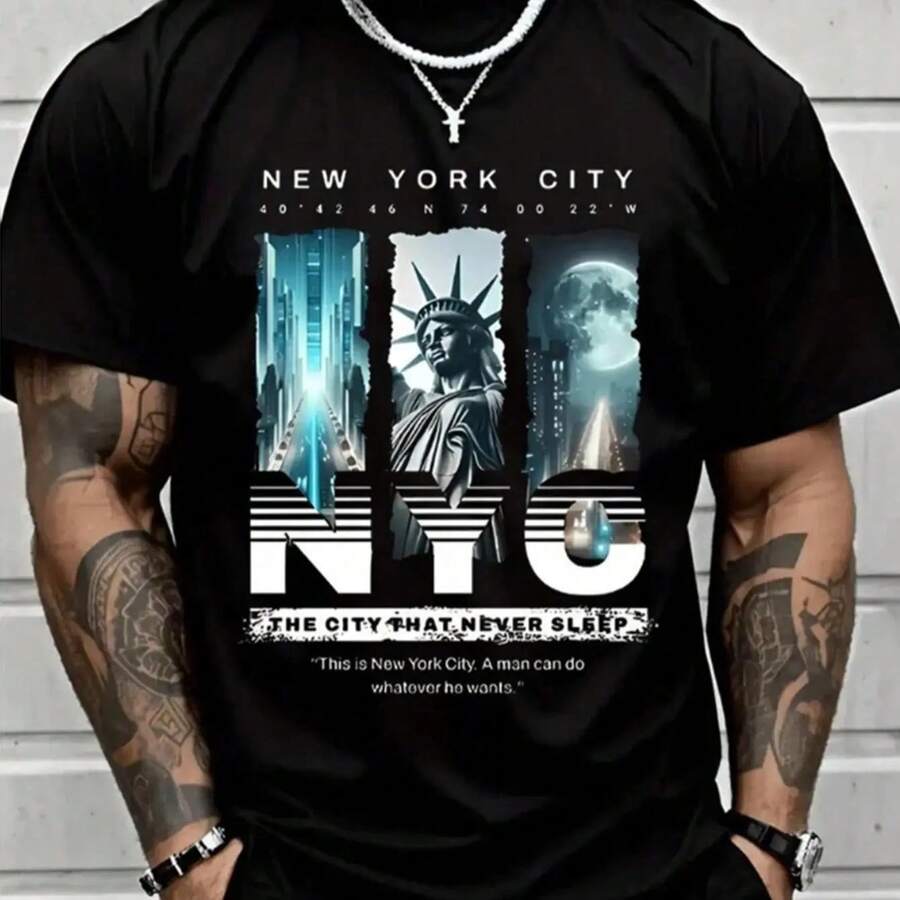 Camiseta de hombre con estampado "Ciudad Eterna" de Nueva York, estilo callejero de Nueva York, manga corta, top casual con temática de la Estatua de la Libertad. - Negro - Ver 1