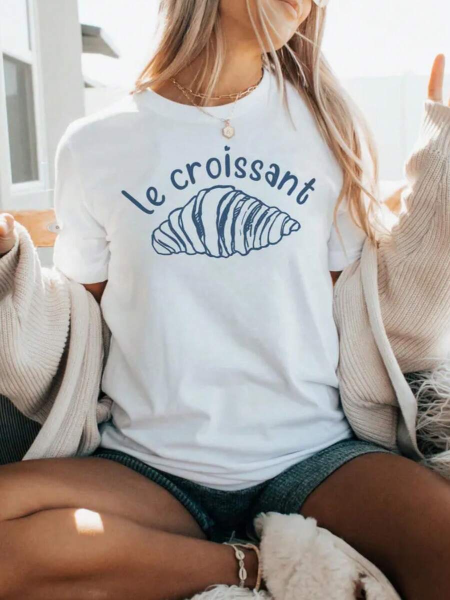 Croissant Shirt, French Shirt, Breakfast T-Shirt. Women's Fashionable Casual T-Shirt With Creative Print, Short Sleeve, Round Neck, For Spring And Summer. Festive Celebration Shirt, Party Wear Top - 白色 - 查看 1