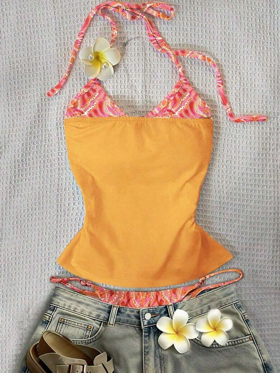 Top halter con estampado de frutas, diseño sin espalda, estilo casual de vacaciones, chaleco de 2 en 1 con bloques de color, adecuado para fiestas, citas, playas, carnavales y otras ocasiones, la elección perfecta para el verano.Top de playa, ro - Multicolor 4 - Ver 1