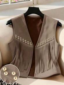 Chaqueta casual de mujer con flecos de gamuza, decoración de remaches, estilo bohemio, versátil para uso diario, vacaciones, trabajo, estilo francés elegante, sin mangas, beige, para principios de primavera/primavera y verano - Marrón Mocha - Ver 4