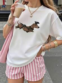 Women's Crew Neck T-Shirt With Dog Print, A New Style Top For Summer 2026, Comfortable For Home And Leisure, Suitable For Outings, Dates, Vacations, Mother's Day, Graduation Ceremonies, Easter, Eid, And Playdays. JO5R - 白色 - 查看 1