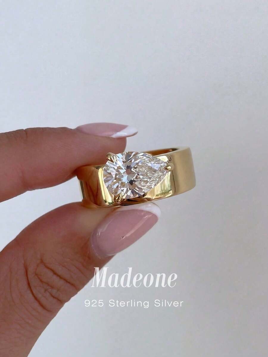 MADEONE 1pc Elegant Minimalist Teardrop Zirconia Ring, 925 Sterling Silver Material, Delicate Jewelry Gift For Women, Birthday/Anniversary