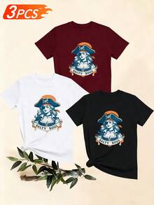 Women's T-Shirts, Women's T-Shirts, Casual Short-Sleeved One-Piece T-Shirt With A Fun Pirate Girl Print, Comfortable Top, Versatile Summer Fashion Sweater. - 1件黑色隨機圖案 - 查看 6