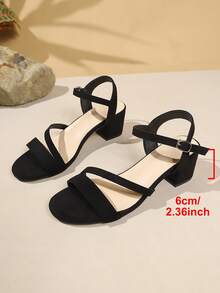 1 Pair Elegant Solid Color Peep Toe Ankle Strap Chunky Heel Sandals, Minimalist Design For Party & Formal Occasions, Spring/Summer New Arrival - Black - View 12