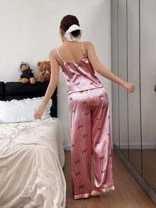 Conjunto de pijama de mujer con pajarita y top de camisola con estampado de rayas de seda sintética y pantalones - Burdeos - Ver 2