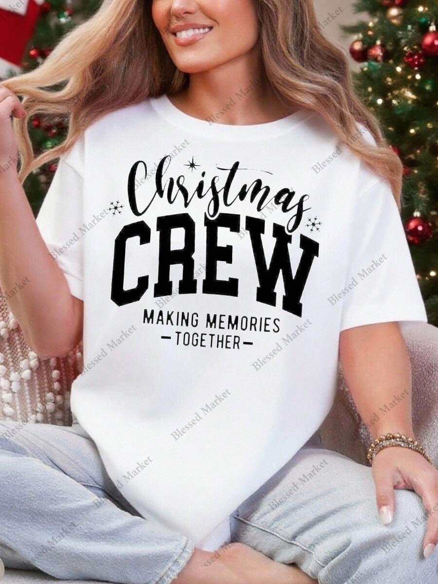 1 Women's Oversized Christmas T-Shirt - 100% Cotton - "Creating Memories Together" Print, Short Sleeve, Crew Neck, 180gsm Fabric, Casual Top For All Seasons, Festive Gift Idea (White) For Family Outfits And Parties - 白色 - 查看 1