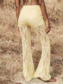 Pantalones elegantes de cintura alta con volantes de encaje para mujer, para citas, salidas nocturnas, para otoño e invierno - Amarillo claro - Ver 2