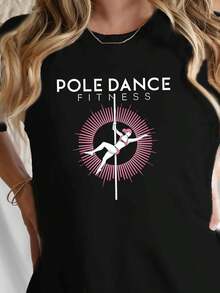 1 pieza, camiseta de manga corta de algodón puro clásica y versátil, adecuada para usar en cualquier estación. Dise?o con forma de bastón para mujer, estilo moderno y elegante - Negro - Ver 1