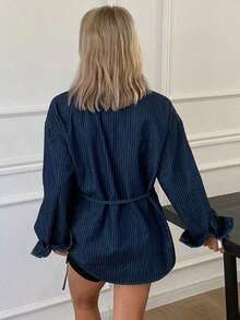Blusa vaquera de manga larga con botones frontales y nudo delantero para mujer - Azul lavado oscuro - Ver 6