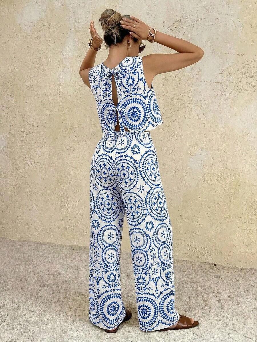 Conjunto informal de 2 piezas con top de cuello redondo y lazo en la espalda, y pantalones de cintura elástica de unicolor para mujer - Azul y blanco - Ver 1