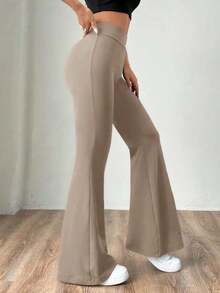 Pantalones de punto azul marino con campana para mujer - Caqui - Ver 5