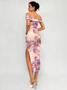 Vestido largo de corte ajustado para cita romántica de mujer, vestido estampado de malla con hombros descubiertos - Multicolor 2 - Ver 2