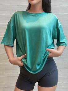 Camiseta de manga corta oversize, negro sólido, ajuste holgado casual para deportes blancos de verano - Verde - Ver 1