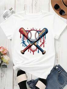 1 Piece Of Women's Crew Neck T-Shirt With Baseball Bat And Ball Graphic Print, Short Sleeve, Casual Wear For Sports Fans And Everyday Outfits, 180g, 100% Cotton. - 白色 - 查看 3