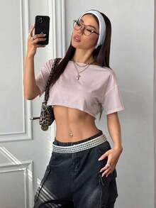 Top corto asimétrico de mujer con cuello blanco y flecos, camiseta de manga corta de moda versátil Y2K oversize y sexy, para primavera/verano - Rosa Pálido - Ver 6