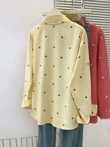 Blusa de mujer con cuello polo, estampado de corazones y rayas - Camisa casual de manga larga con botones, adecuada para uso diario en primavera, verano y otoño - Rayas amarillas - Ver 3