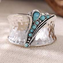 Fashionable Wide Band Synthetic Turquoise Ring, Suitable For Women, Vintage Minimalist Design, Bohemian Multi-Functional Ring - Silver - View 5