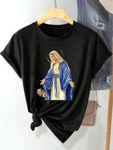 Camiseta de mujer con estampado de imagen de la Virgen María de Pascua y rosas rosadas, estilo deportivo casual de moda y elegante para primavera, verano y otoño, suave y cómoda, de cuello redondo y manga corta, disponible en tallas S-XXXLPure-Cotton - Negro - Ver 7