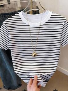 Camiseta de mujer casual de cuello redondo y manga corta con estampado de lazo - Multicolor 4 - Ver 3