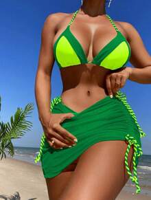 New Sexy Three-Piece Swimsuit With Contrasting Color Bikini For Women. - Green - View 1