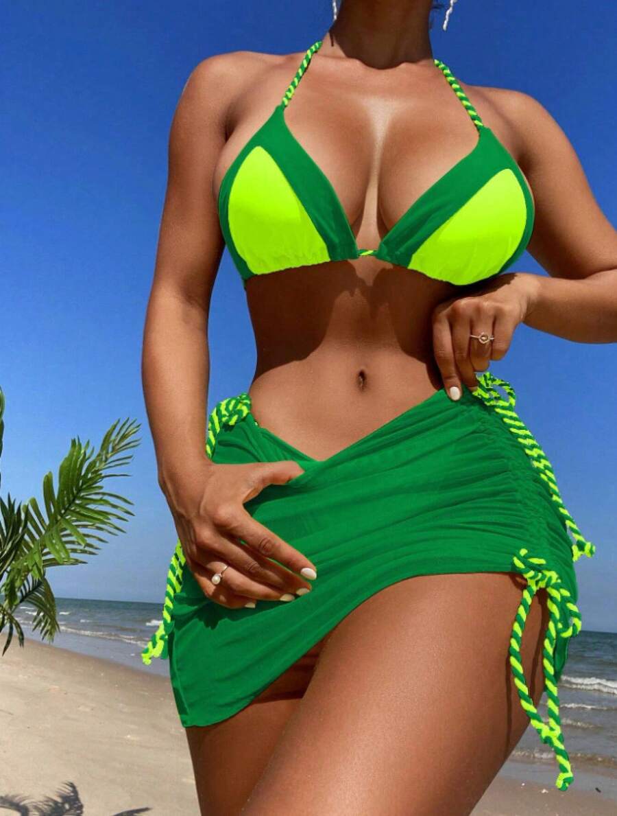 New Sexy Three-Piece Swimsuit With Contrasting Color Bikini For Women. - Green - View 1