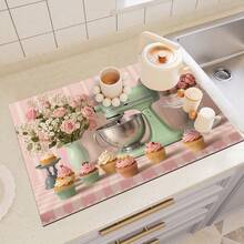 1 pieza Tapete de secado de platos, Tapete para máquina de café, Fondo a rayas rosa con decoración de pastel de color macaron, Patrón floral dulce Tapete absorbente de drenaje, Adecuado para mesa de comedor y cafetería, Almohadilla de drenaje multiusos, Regalo para el hogar, Decoración de escritorio - XYLSD-381 - Ver 6