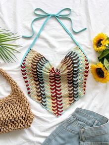 Nuevo top casual de vacaciones, estilo occidental, para invitados de boda en la playa, graduación, brunch, Día de San Patricio, vacaciones de primavera, Pascua, festival de música, elegante, bohemio, tropical, con cuello halter y lazo en la espalda - Multicolor - Ver 6