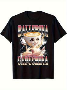 Funny Coffee Mug With Ballerina Design And Ballerina Graphic T-Shirt | Unisex 100% Soft And Breathable Loose Fit T-Shirt For Men And Women, Urban Retro Style, Casual Shirt For All Seasons, Round Neck, Slightly Stretchy Fabric, Durable Print Quality. - 黑色 - 查看 7
