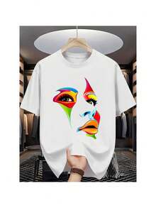 Love You Gift,Men's Summer Fashion Graphic T-Shirt - Short Sleeve, Round Neck, Light Blue with Vibrant abstract Face Print, Casual cotton Knit, Machine Washable, Summer Casual Wear | Vibrant Graphic Tee | Stretchy Fabric, T Shirt - Blanc - Voir 1