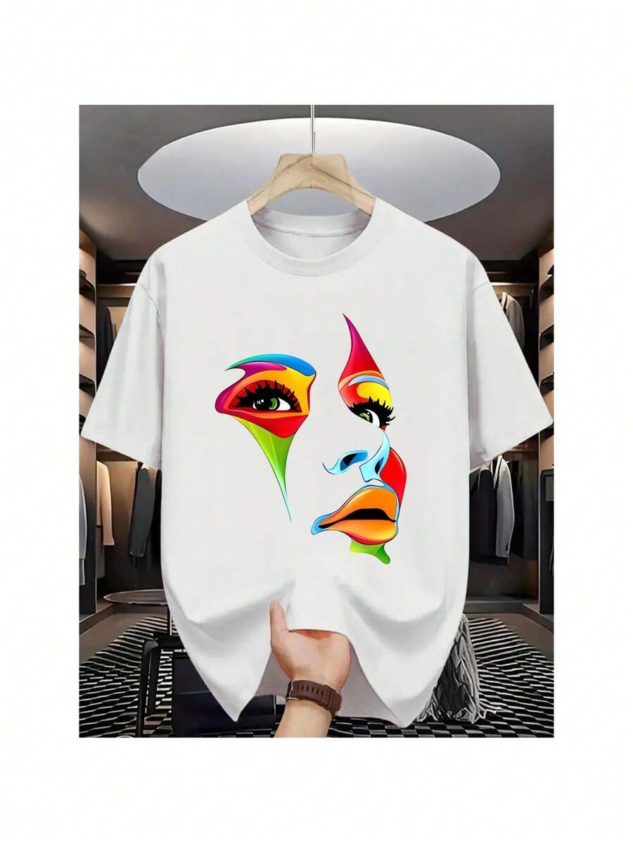 Love You Gift,Men's Summer Fashion Graphic T-Shirt - Short Sleeve, Round Neck, Light Blue with Vibrant abstract Face Print, Casual cotton Knit, Machine Washable, Summer Casual Wear | Vibrant Graphic Tee | Stretchy Fabric, T Shirt - Blanc - Voir 1