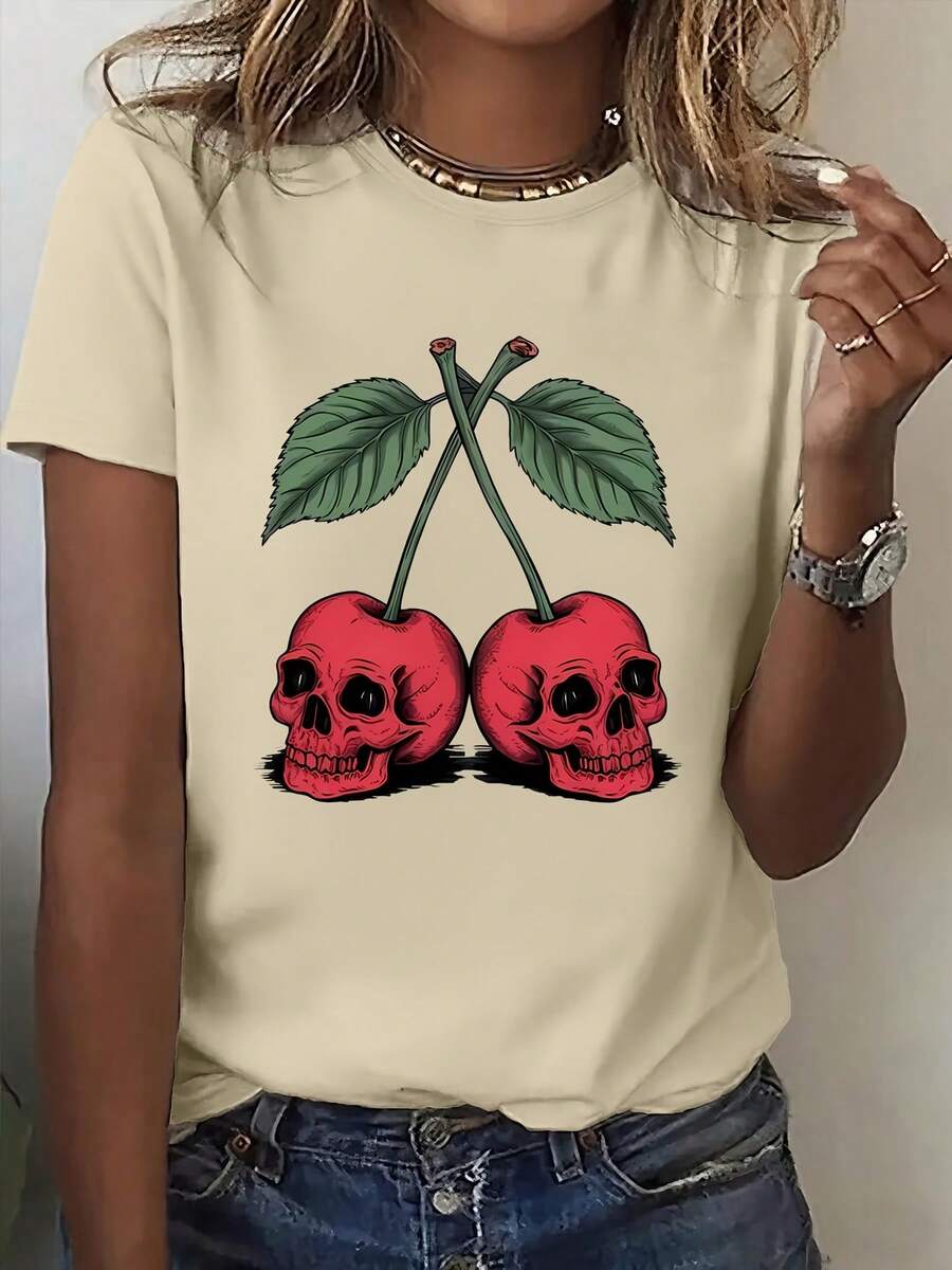 Camiseta Casual Deportiva para Mujer con Estampado de Calavera y Cerezas - Albaricoque - Ver 1