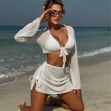 Nuevo traje de baño de cuatro piezas de color sólido, sexy, estilo ins, ideal para vacaciones de verano en la playa. - Rojo - Ver 4